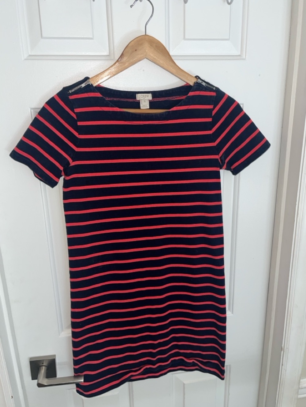 J. Crew Navy and Red Striped Short-Sleeve Dress